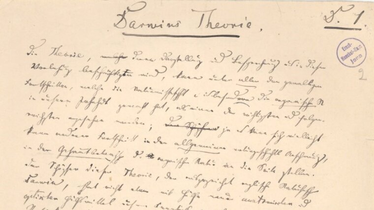 Facsimile of the first page of the manuscript "Darwin's Theory" by Ernst Haeckel