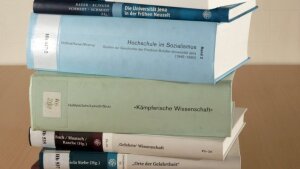 Photograph of a stack of books on the history of science
